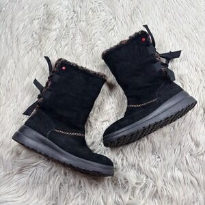 I Love Ugg Women's 7 Black Suede Sherpa Line Bow Tie Back Boots Animal Print